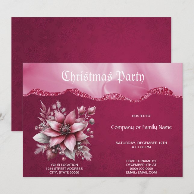 Pink Floral Weihnachten Party Einladung (Vorne/Hinten)