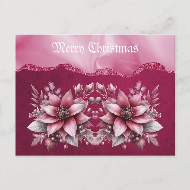 Pink Floral Weihnachtsfeiertag Postkarte (Vorderseite)