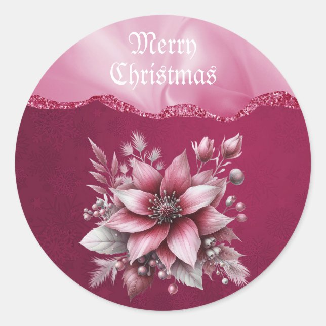Pink Floral Weihnachtskleber Runder Aufkleber (Vorderseite)
