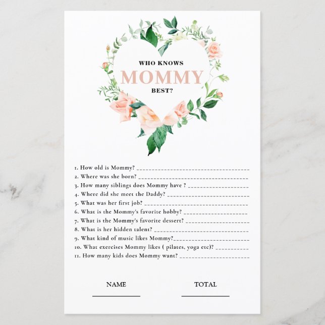 Pink Floral Wer Mommy Best Baby Shower Game kennt (Vorderseite)