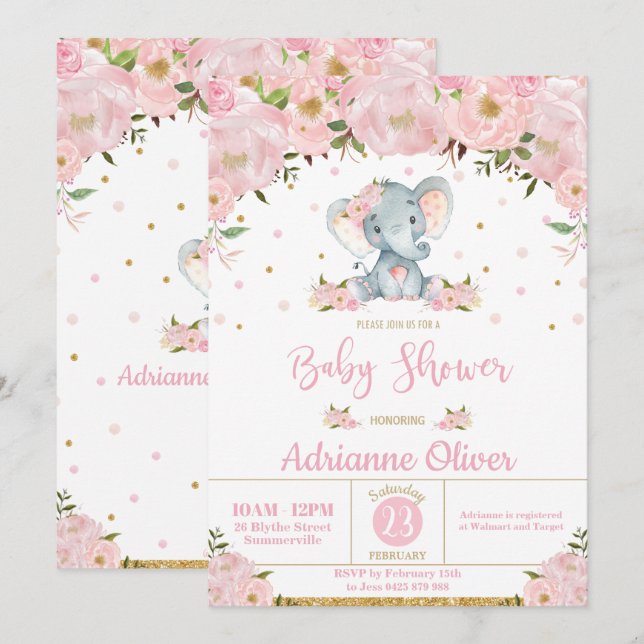 Pink Floral Whimsical Elephant Girl Baby Dusche Einladung (Vorne/Hinten)