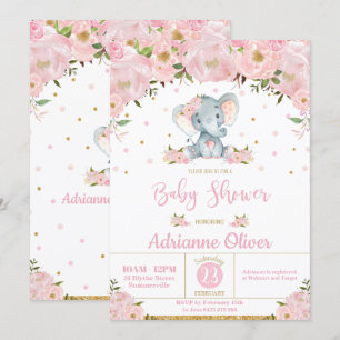 Pink Floral Whimsical Elephant Girl Baby Dusche Einladung