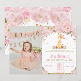 Pink Floral Whimsil Giraffe Girl Geburtstags-Foto Einladung