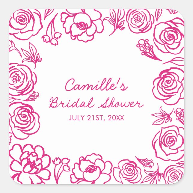 Pink Floral Whimsisches Brautparty Quadratischer Aufkleber (Vorderseite)