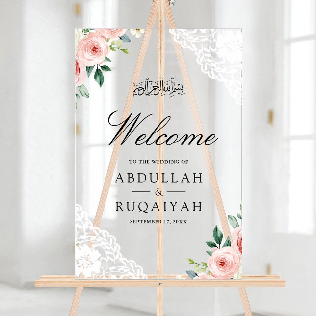 Pink Floral White Lace Muslim Wedding Welcome (Créateur téléchargé)