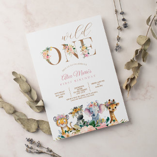 Pink Floral Wild One Jungle Safari Birthday Girl Einladung