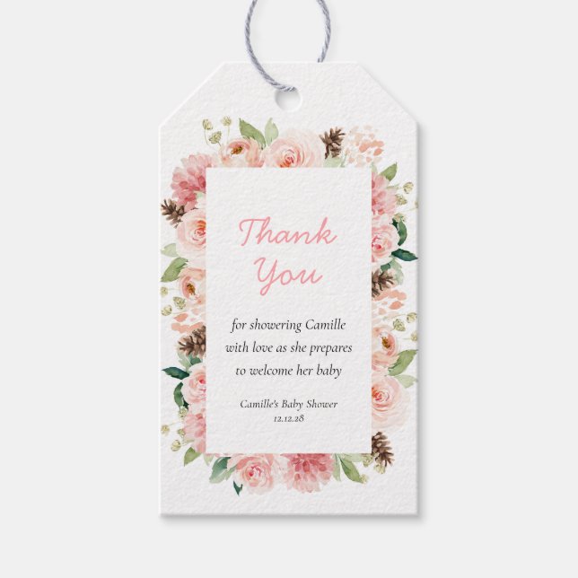 Pink Floral Winter Baby Dusche Danke Geschenkanhänger (Vorderseite)