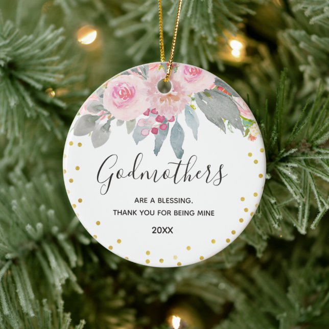Pink Floral Winter Godmothers Gold Keramik Ornament (Baum)