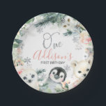 Pink Floral Winter Onederland Geburtstag Pappteller<br><div class="desc">Pink Floral Winter Onederland Geburtstagspapier Plakat
Niedliche Wintertiere zum Thema Geburtstagsfeier mit vier niedlichen Wintertieren, Laub oder Grün und einigen rosa Blume. Das Design bietet auch ein Imitat silberne Glitzer Wort und Schneeflocken. Die Imitate silber ist abnehmbar.</div>