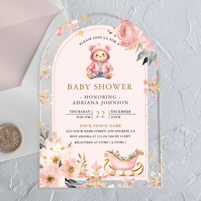 Pink Floral Winter Teddy Bear Arch Babydusche Acryleinladungen (Von Creator hochgeladen)