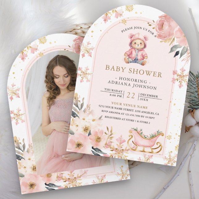 Pink Floral Winter Teddy Bear Foto Babydusche Einladung (Von Creator hochgeladen)