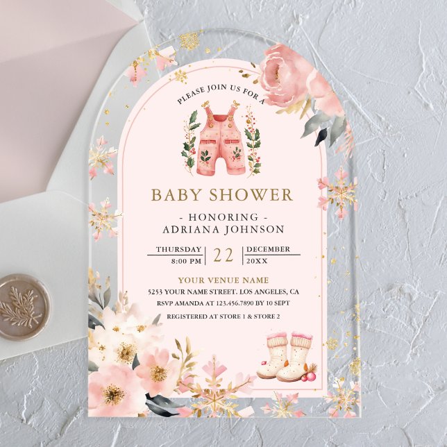 Pink Floral Winter Wonderland Arch Baby Dusche Acryleinladungen (Von Creator hochgeladen)