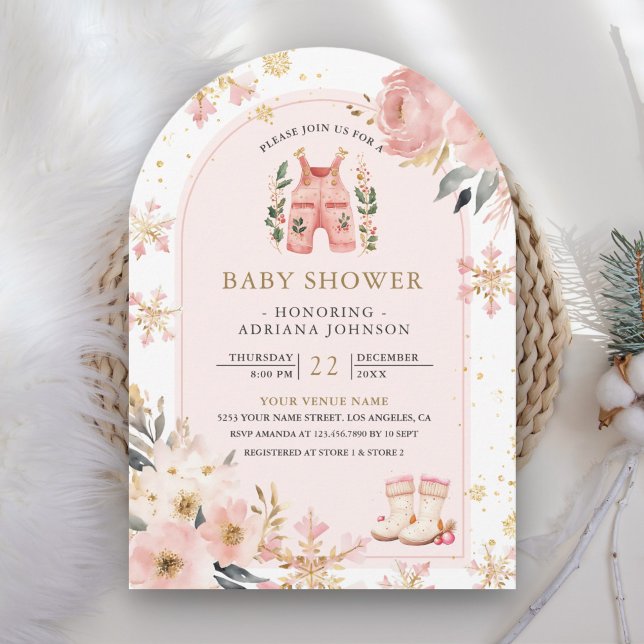 Pink Floral Winter Wonderland Arch Baby Dusche Einladung (Von Creator hochgeladen)
