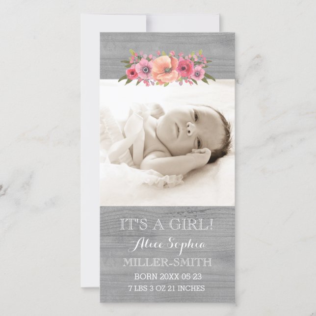 Pink Floral Wood Foto Baby Birth Ankündigung (Vorderseite)
