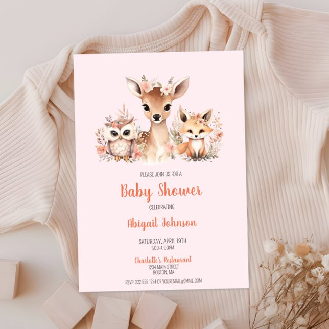 Pink Floral Woodland Animal Baby Dusche Einladung (Boho Blush Pink Floral Woodland Animal Baby Shower, Deer Owl Fox, Baby Girl Shower, Chic Modern)