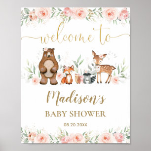 Pink Floral Woodland Animal Baby Dusche Empfang Poster