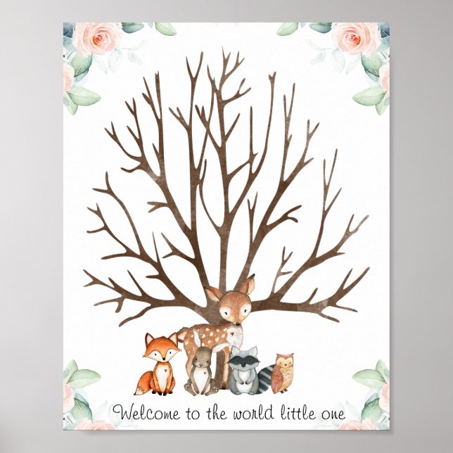 Pink Floral Woodland Fingerprint Gästebuch Poster (Vorne)