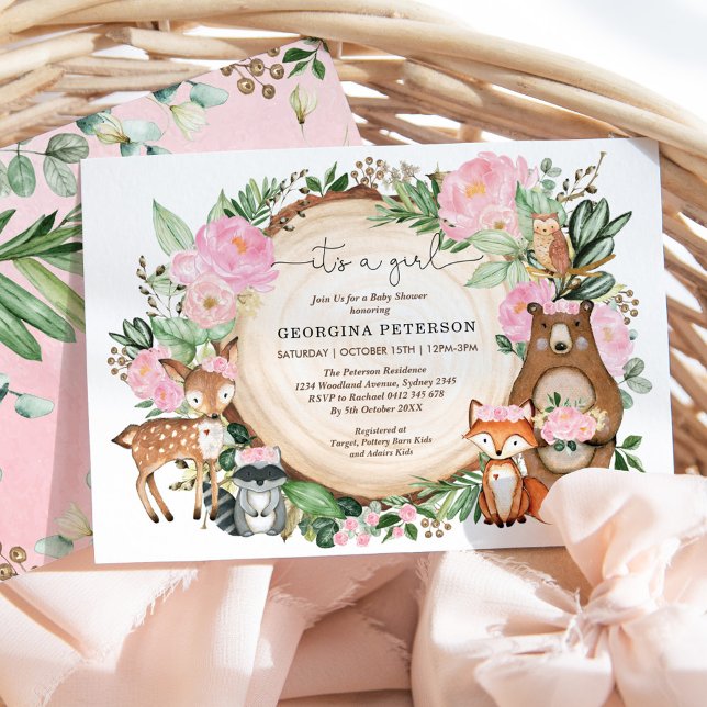Pink Floral Woodland Forest Animals Baby Girl Einladung (Von Creator hochgeladen)