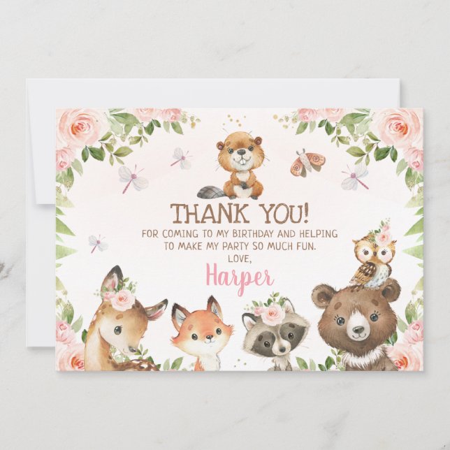 Pink Floral Woodland Tiere Danke Karte (Vorderseite)