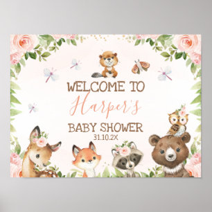 Pink Floral Woodland Tiere Kinderdusche Empfang Poster