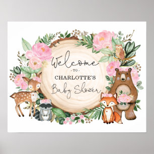 Pink Floral Woodland Tiere Kinderdusche Empfang Poster
