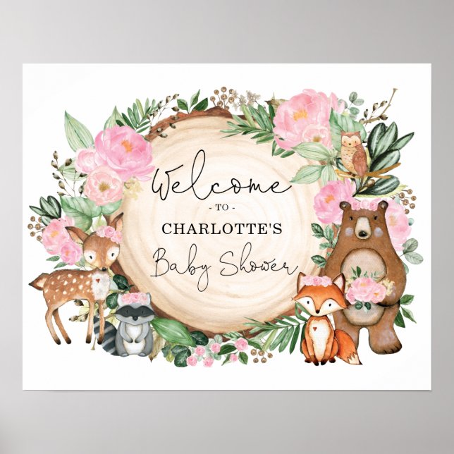 Pink Floral Woodland Tiere Kinderdusche Empfang Poster (Vorne)