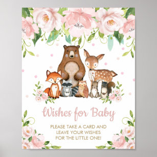Pink Floral Woodland Tiere wollen Baby-Zeichen Poster