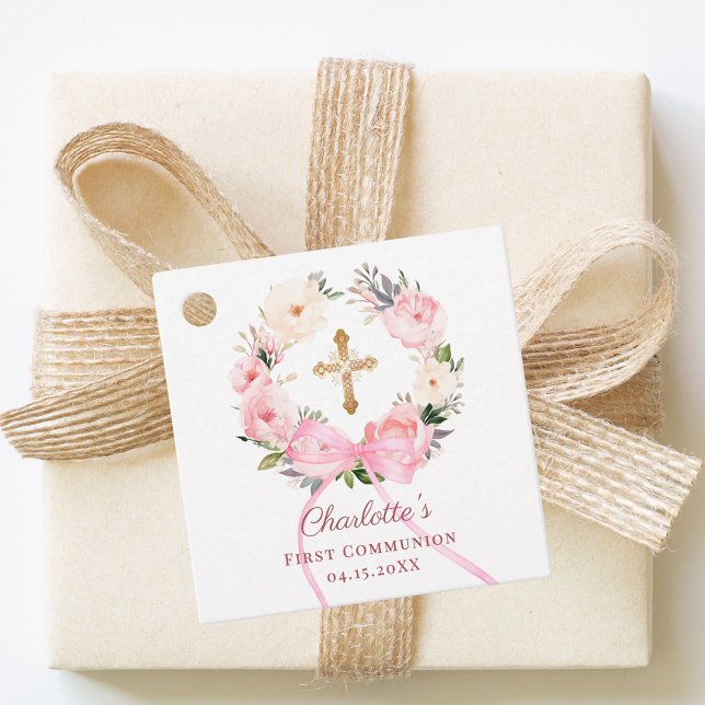 Pink floral wreath bow First Communion DIY Geschenkanhänger (Von Creator hochgeladen)