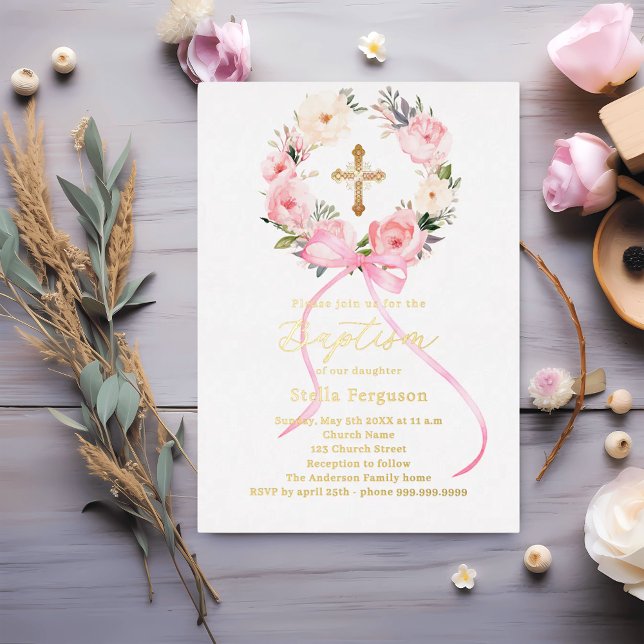 Pink floral wreath bow gold cross girl baptism folieneinladung (Von Creator hochgeladen)