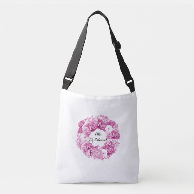 Pink Floral Wreath Bridesmaid Toag Tragetaschen Mit Langen Trägern (Vorderseite)