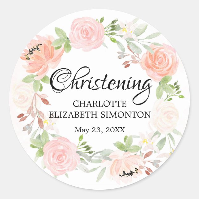 Pink Floral Wreath Christening Umschlag Aufkleber (Vorderseite)