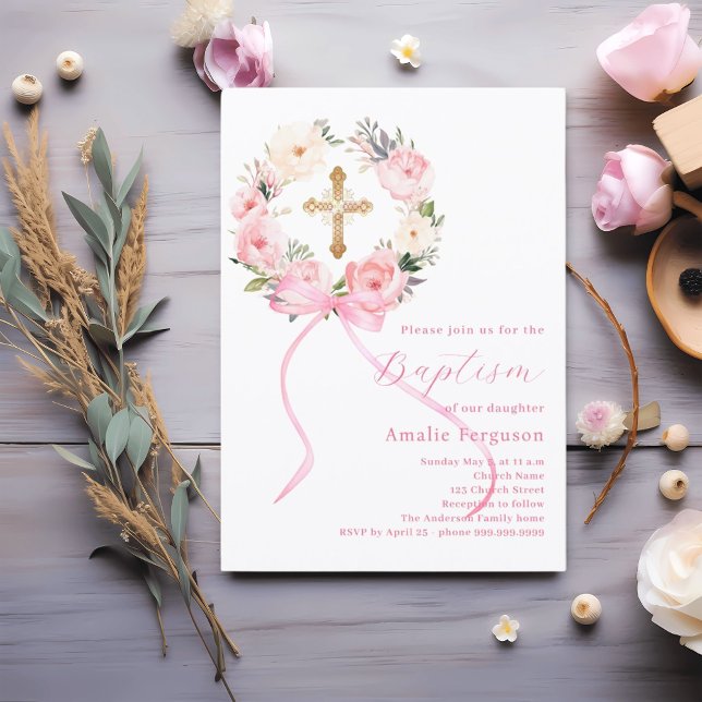 Pink floral wreath cross bow girl baptism einladung (Von Creator hochgeladen)