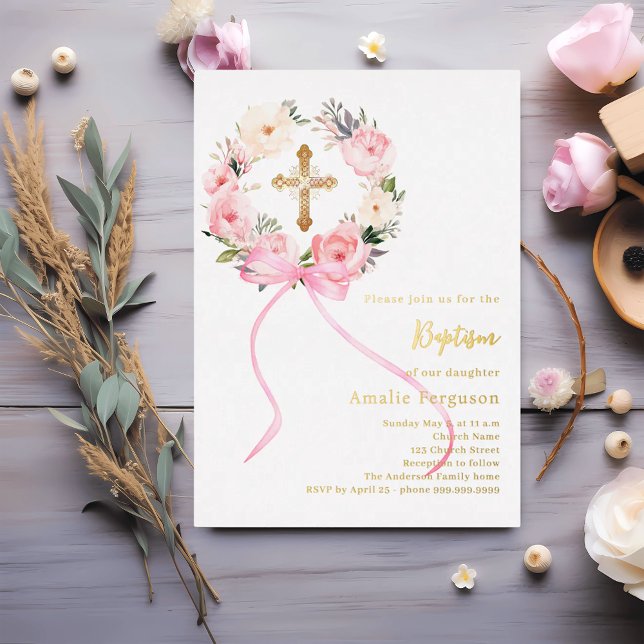 Pink floral wreath cross bow girl baptism folieneinladung (Von Creator hochgeladen)