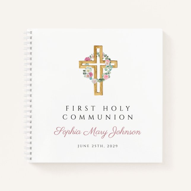 Pink Floral Wreath Cross First Communityguestbook Notizbuch (Vorderseite)
