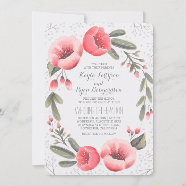 Pink Floral Wreath Gipskraut Hochzeit Einladung (Vorderseite)