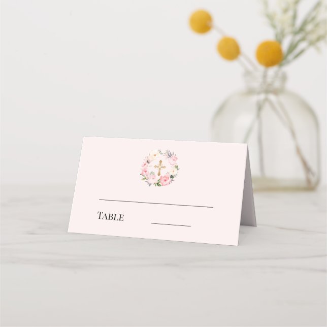 Pink floral wreath gold cross baptism platzkarte (Vorderseite)