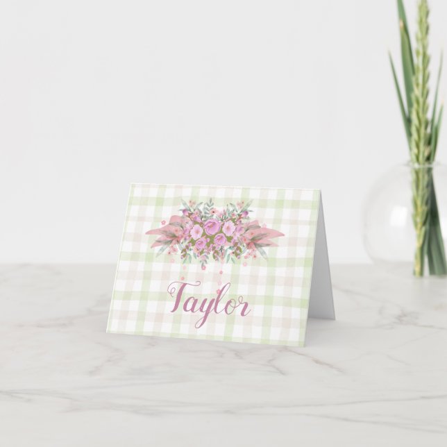 Pink Floral Wreath Green Gingham Dankeskarte (Vorderseite)