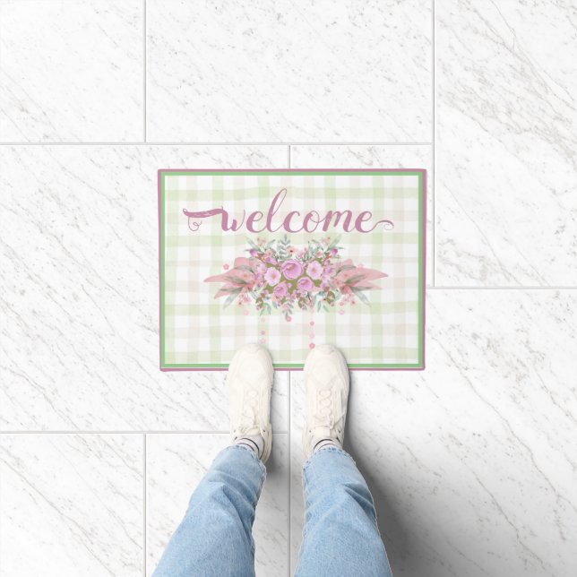 Pink Floral Wreath Green Gingham Fußmatte (Indoor)