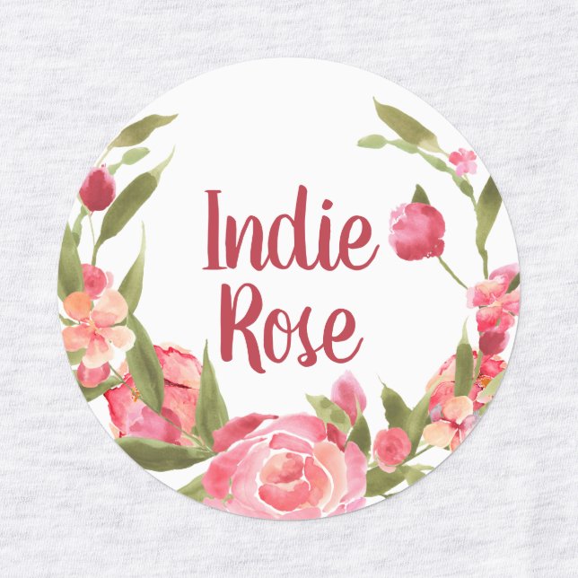 Pink Floral Wreath Individuelle Name School Labels Etiketten (Design 1)