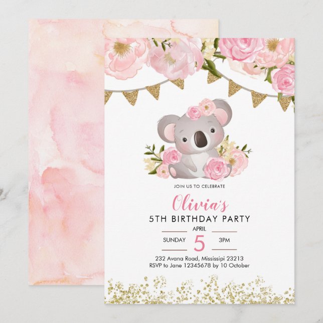 Pink Floral Wreath Koala Einladung zum Geburtstag (Vorne/Hinten)