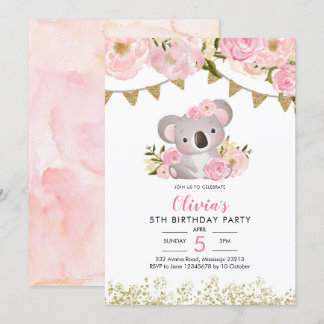 Pink Floral Wreath Koala Einladung zum Geburtstag