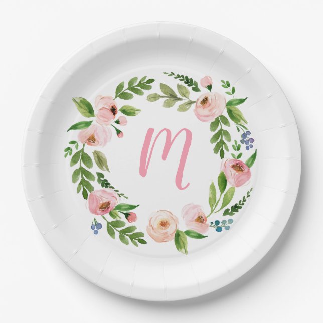 Pink Floral Wreath Monogram Birthday Party Teller (Vorderseite)
