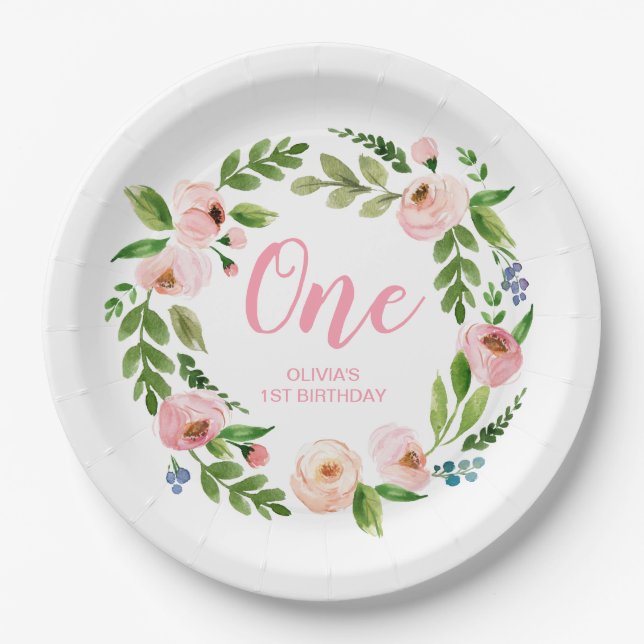 Pink Floral Wreath Monogram Birthday Party Teller (Vorderseite)