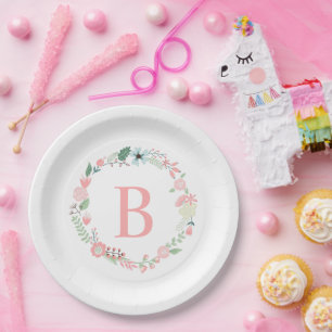 Pink Floral Wreath Monogramm Pappteller