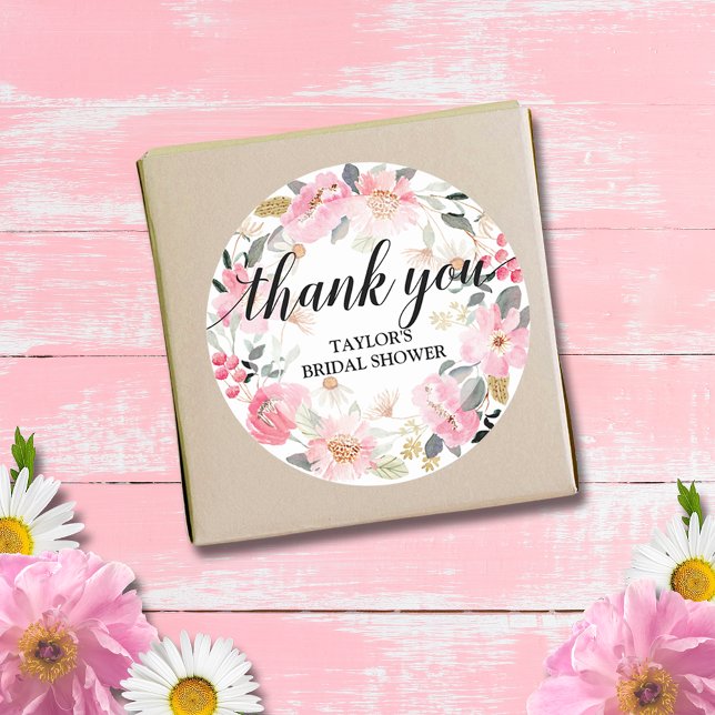 Pink Floral Wreath Vielen Dank Runder Aufkleber (Watercolor pink flowers bridal shower thank you round 3" stickers (small size available))