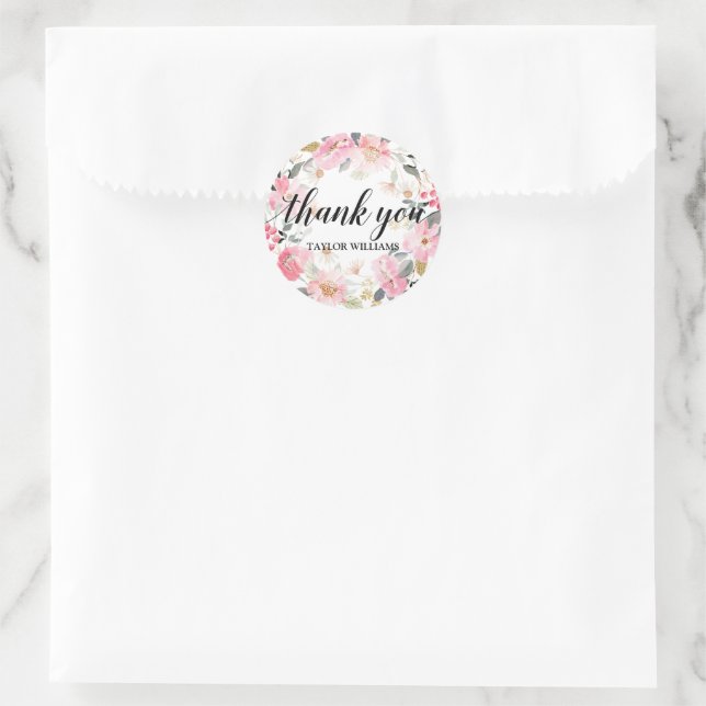 Pink Floral Wreath Vielen Dank Runder Aufkleber (Tasche)