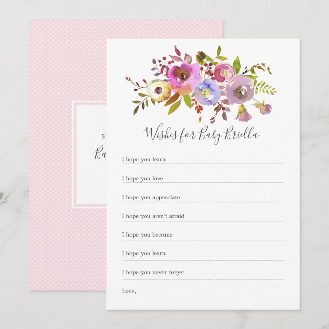 Pink Floral Wünsche für Baby, Baby Dusche Spiel Einladung (Vorne/Hinten)