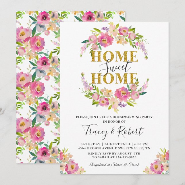 Pink Floral Zuhause Sweet Zuhause Housewarming Ein Einladung (Vorne/Hinten)