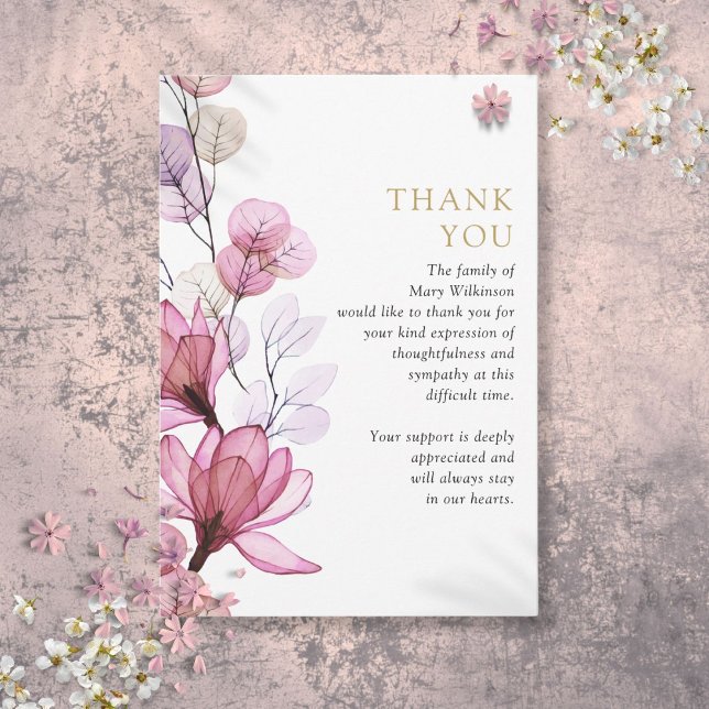 Pink-florale Gedenkfeier zur Beerdigung des Lebens Dankeskarte (Pink Floral Memorial Celebration Of Life Funeral Thank You Card)
