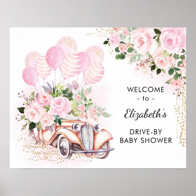 Pink florales Auto mit Babydusche Empfang Poster (Vorne)